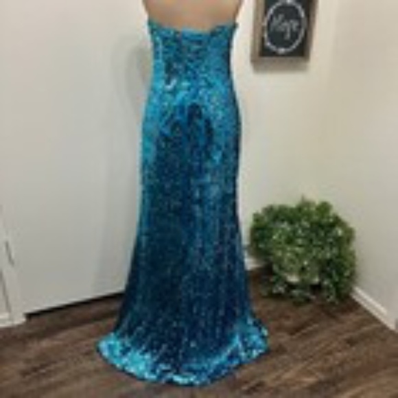 Sean Collection Sequined Lattice Back Mermaid Gown Dress Strapless Aqua Teal 10 - Picture 2 of 14